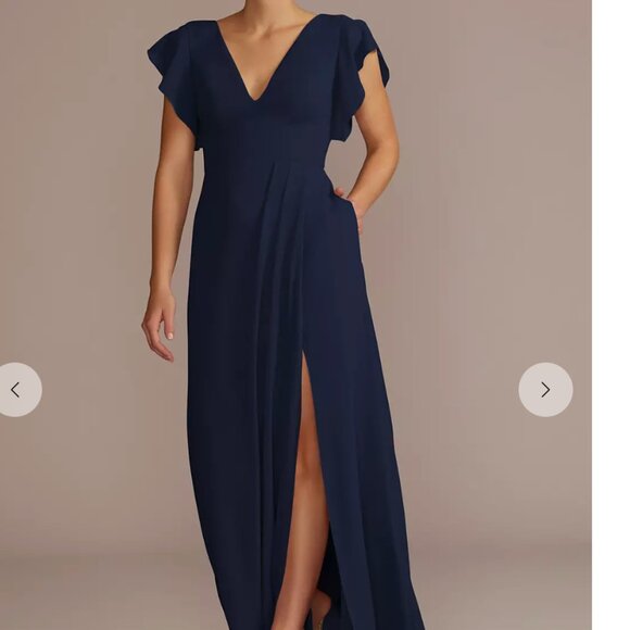 David's Bridal Flutter Sleeve Chiffon V-Neck Dress in Marine - Picture 1 of 5